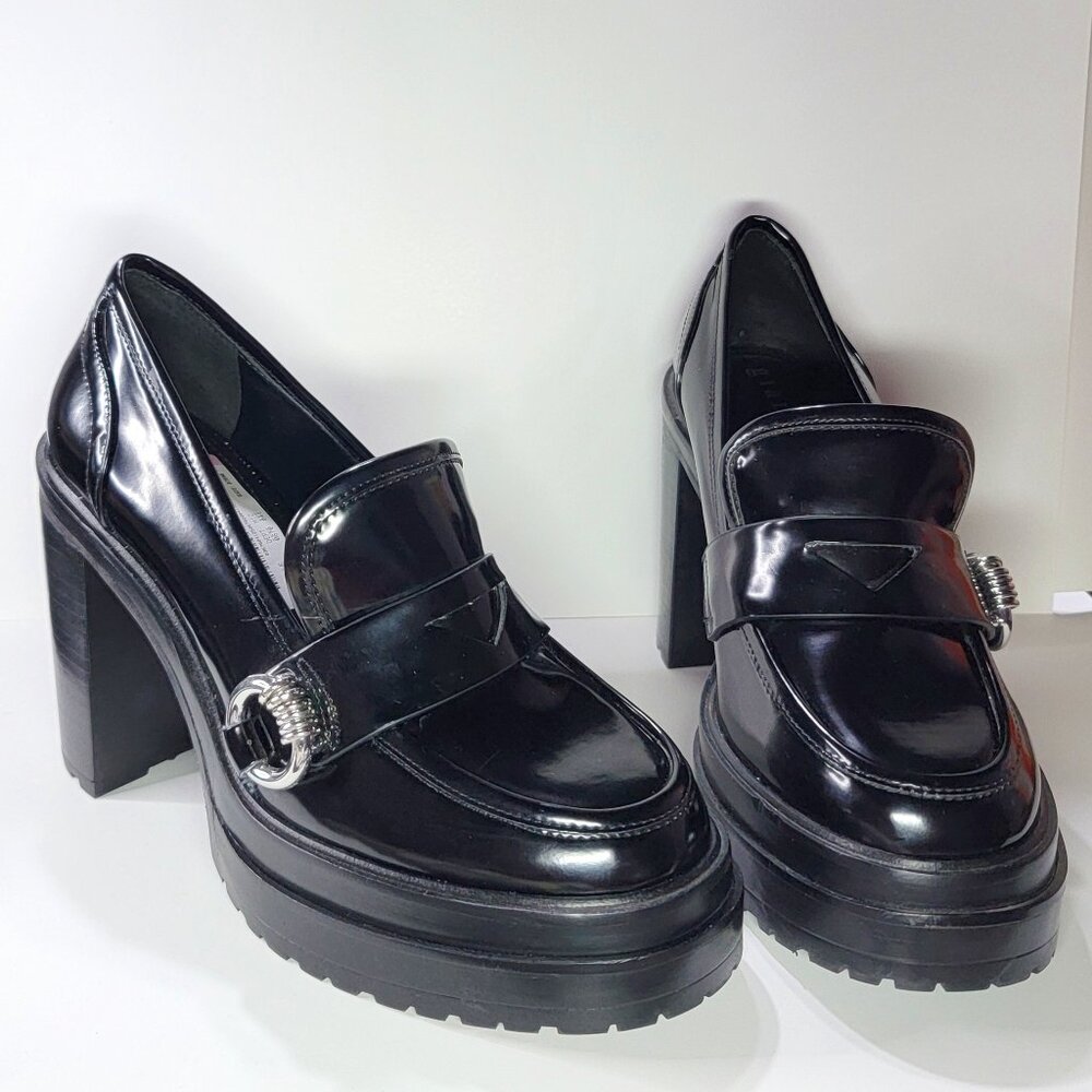 NWT Gianni Bini Maxxwelle Black Patent Platform Lug Heel Oxford Loafers, Size 7